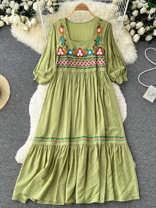 Women Bohemian Embroidered Square Neck Dress