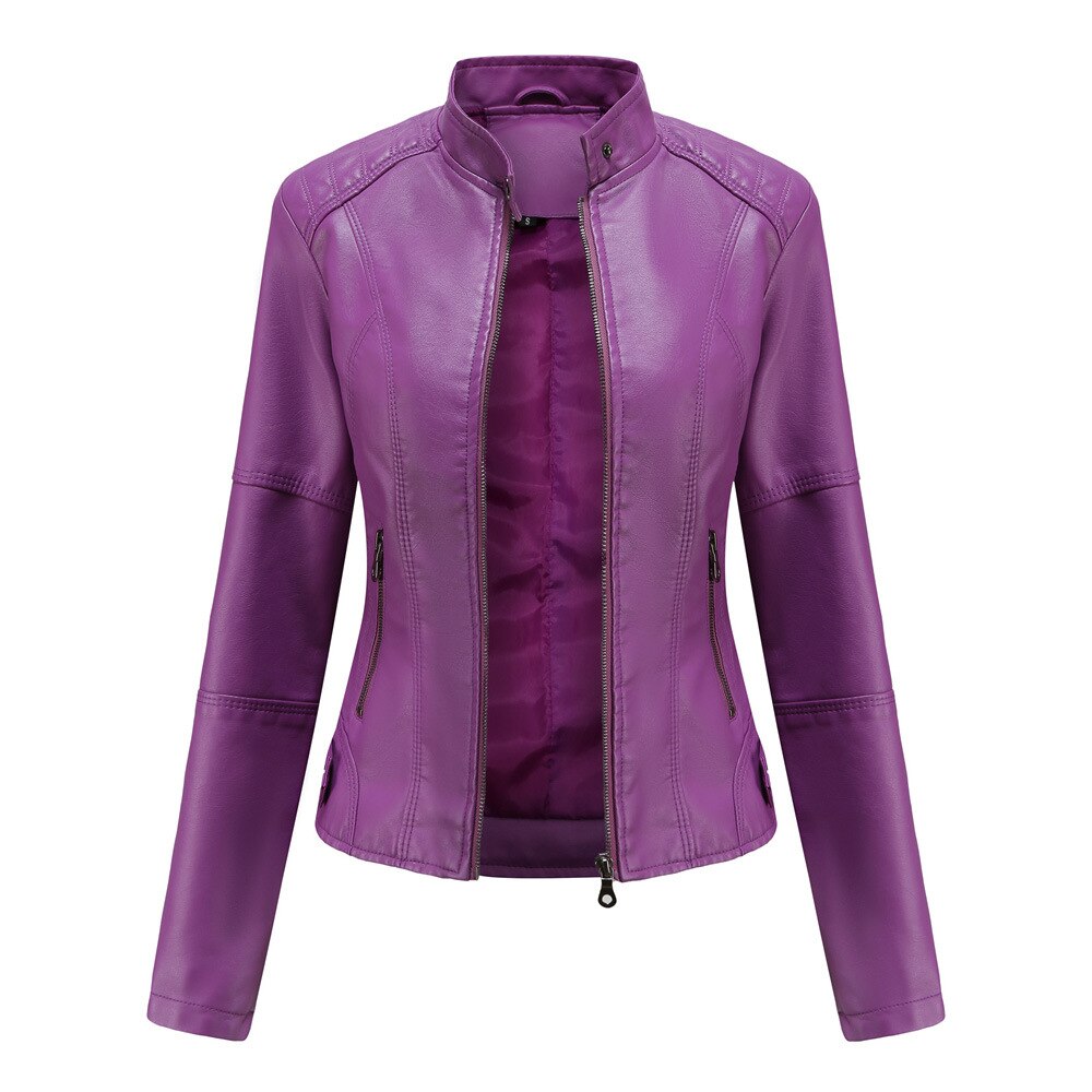 Women Slim Stand Collar PU Leather Coat Solid Outwear Jacket