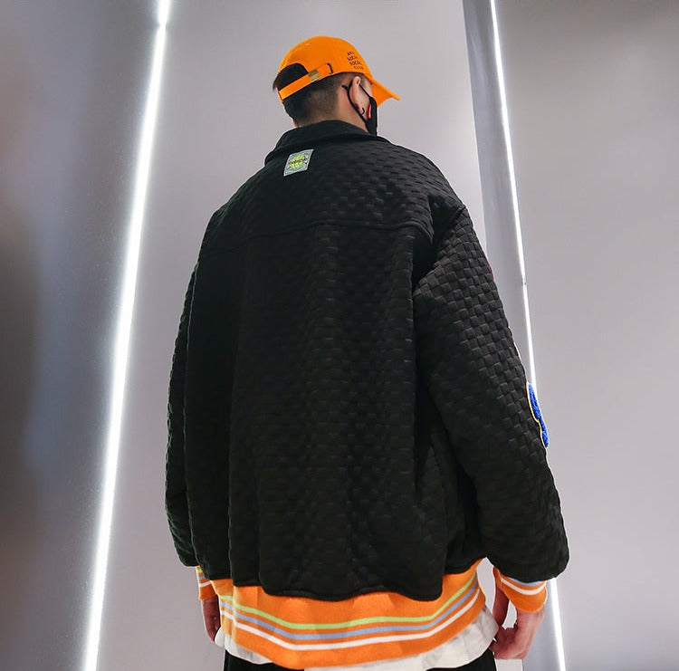 Men Hip Hop Waffle Plaid Jacket Streetwear Embroidery Label Coat