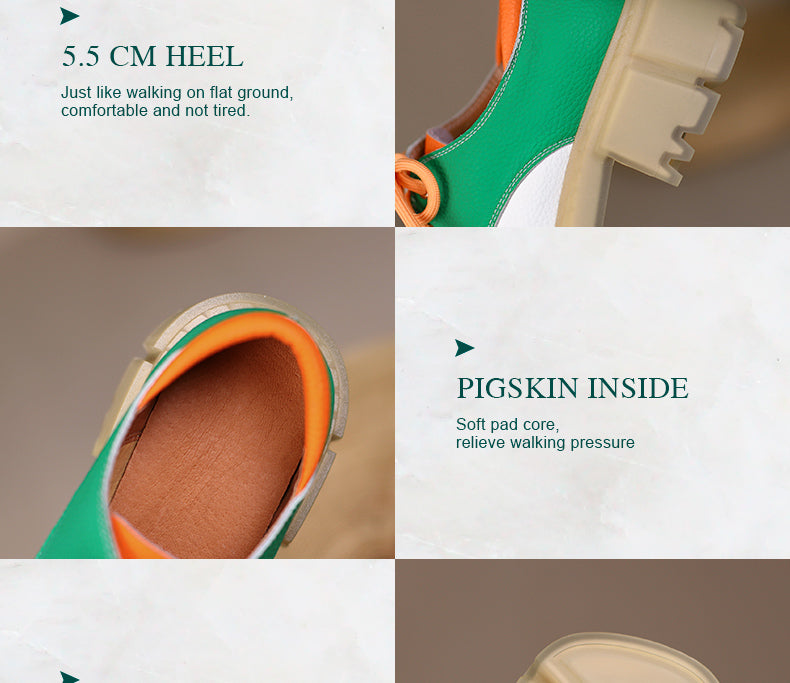 Women Med Heels Retro Genuine Cow Leather Block Shoes