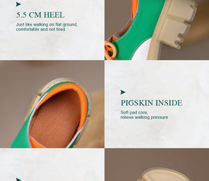 Women Med Heels Retro Genuine Cow Leather Block Shoes