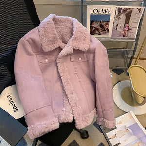 Women Vintage Faux Fur Coat Fluffy Plush Lapel Jacket