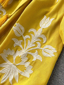 Women Embroidered V-neck Tie Split Retro Dress