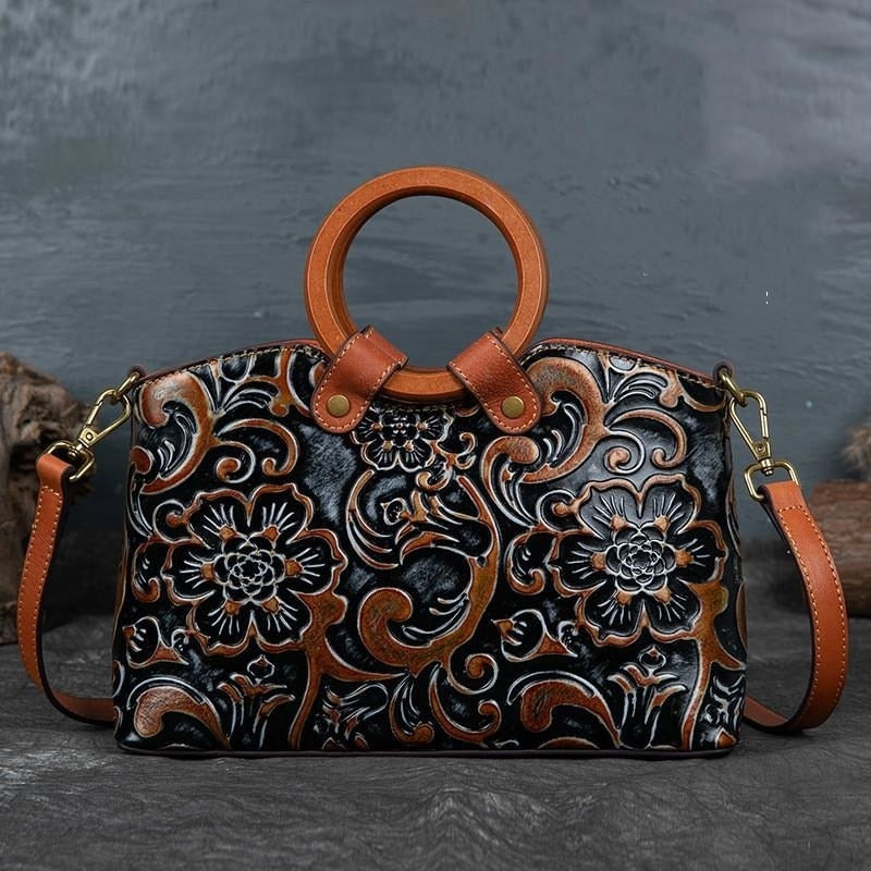 Women Retro Genuine Leather Handmade Embossed Shoulder Bag