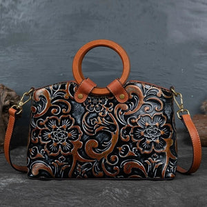 Women Retro Genuine Leather Handmade Embossed Shoulder Bag