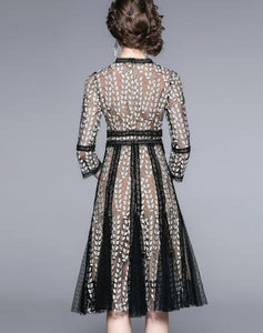 Women Mesh Embroidery Vestidos Midi Dress