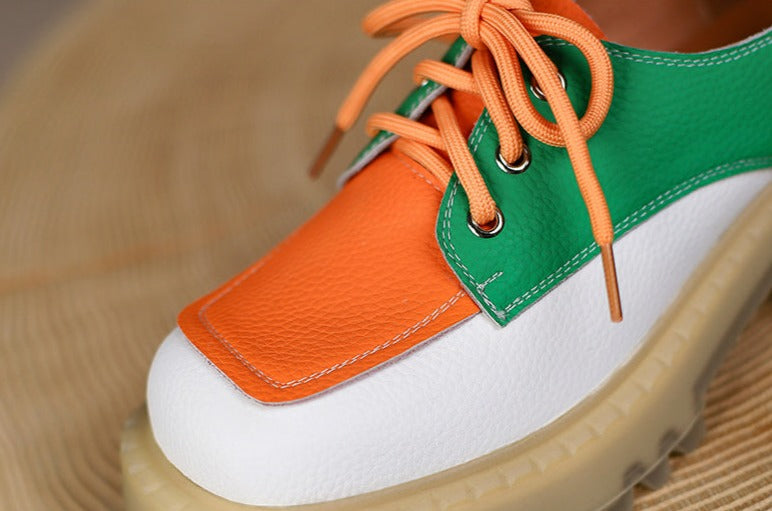 Women Med Heels Retro Genuine Cow Leather Block Shoes