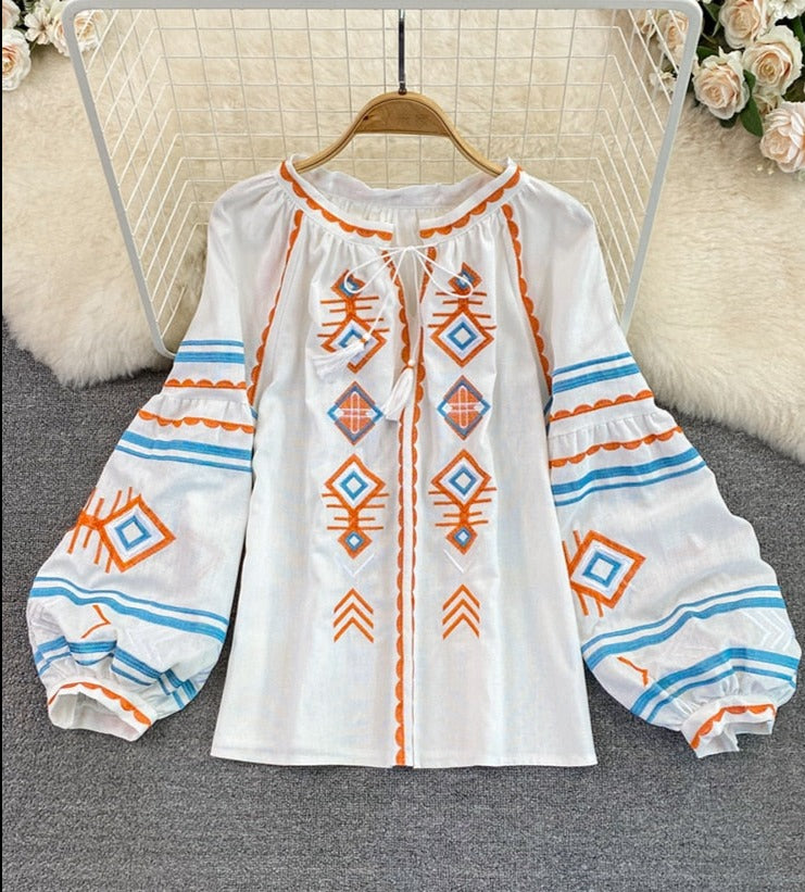 Women Retro Loose Embroidery Pullover Shirt