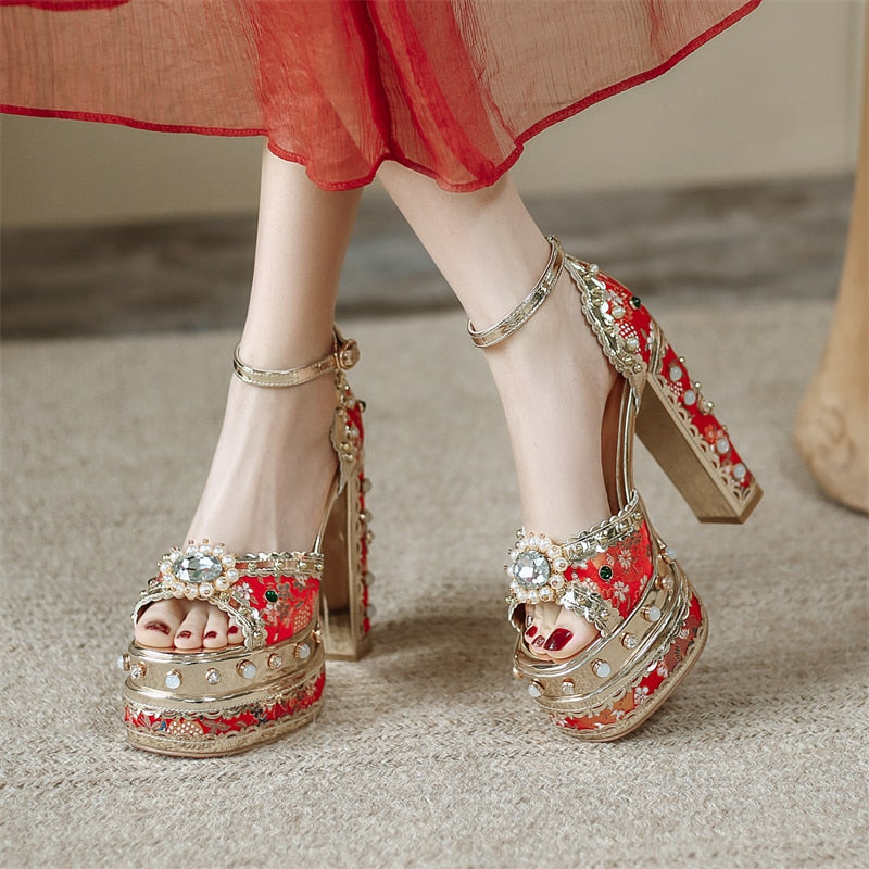 Women Floral Metallic Studded Square Heels Sandal