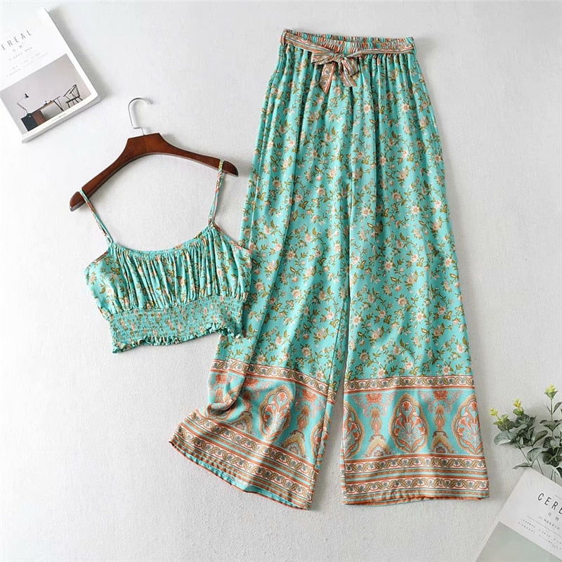 Women Bohemian Floral Print Two Piece Outfits Sets