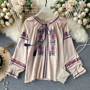 Women Retro Embroidery Tassel Lace Puff Sleeve Blouse