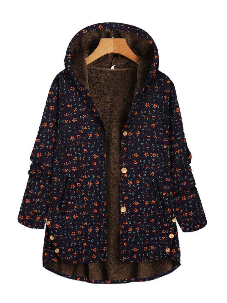 Women Casual Loose Printing Single-breasted Irregular Hooded Coat