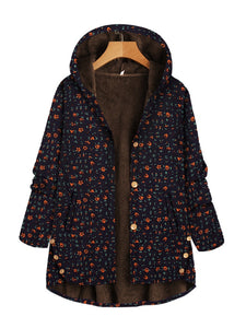 Women Casual Loose Printing Single-breasted Irregular Hooded Coat