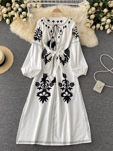 Women Embroidered V-neck Tie Split Retro Dress
