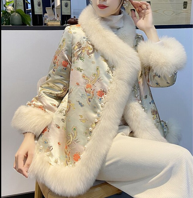 Women Embroidery Thick Warm Winter Luxury Furry Jacket