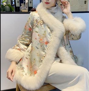 Women Embroidery Thick Warm Winter Luxury Furry Jacket