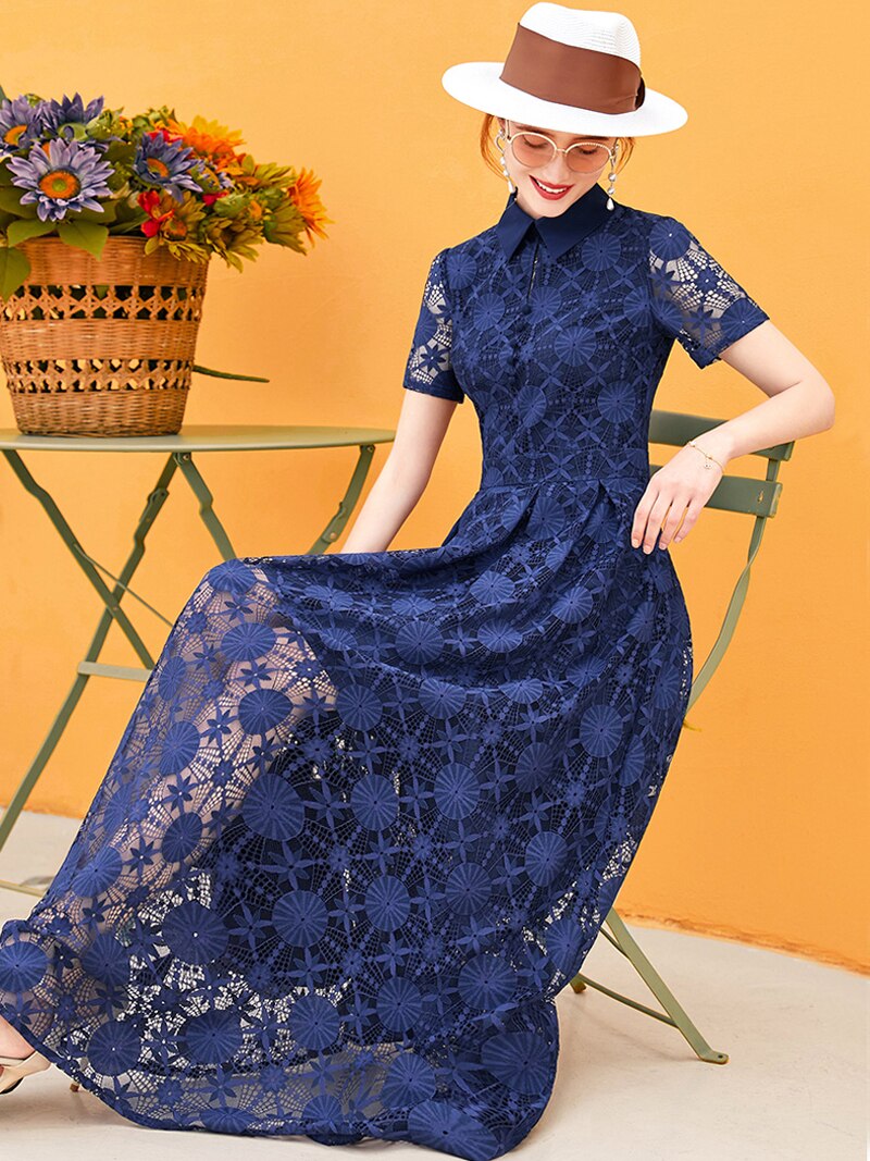 Women Floral Vintage Long Maxi Lace Dress