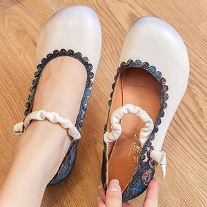 Women Retro Handmade Floral Genuine Cow Leather Shoes