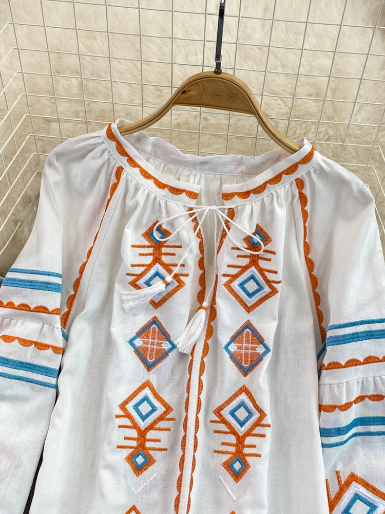 Women Retro Loose Embroidery Pullover Shirt