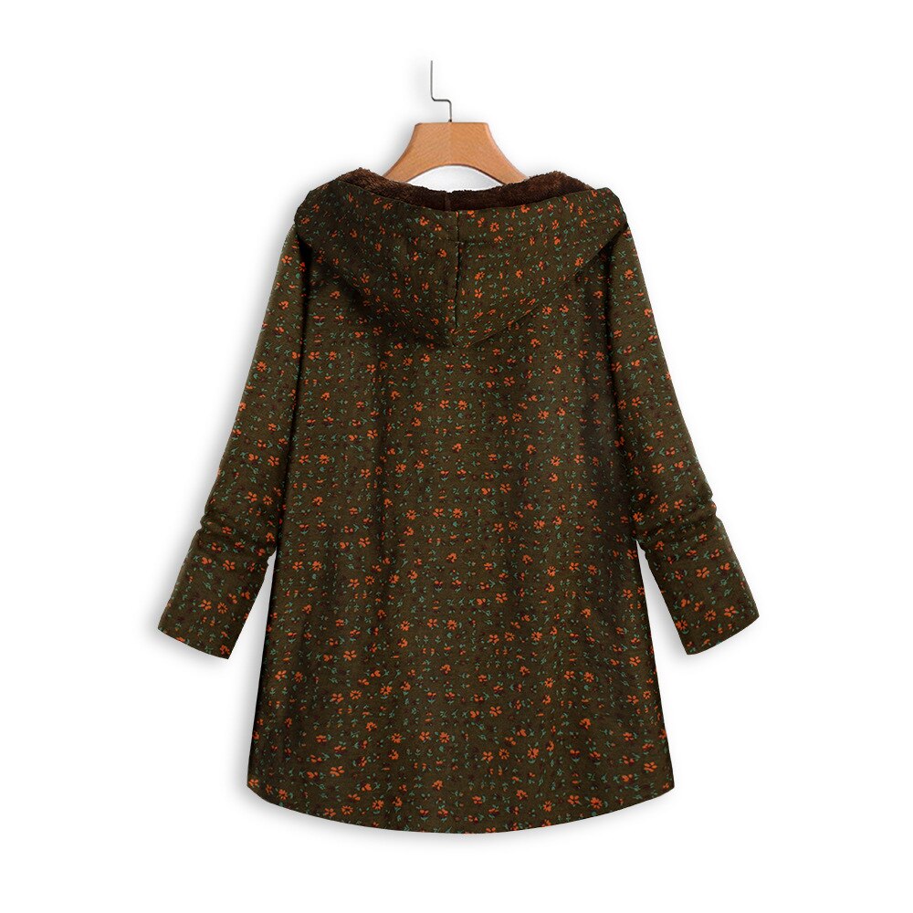 Women Casual Loose Printing Single-breasted Irregular Hooded Coat