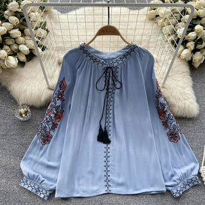 Women French Retro Style Embroidery Blouse