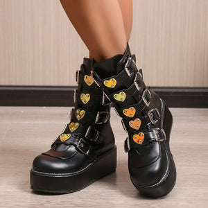 Women Heart Buckles Goth Platform Motorcycles Boots
