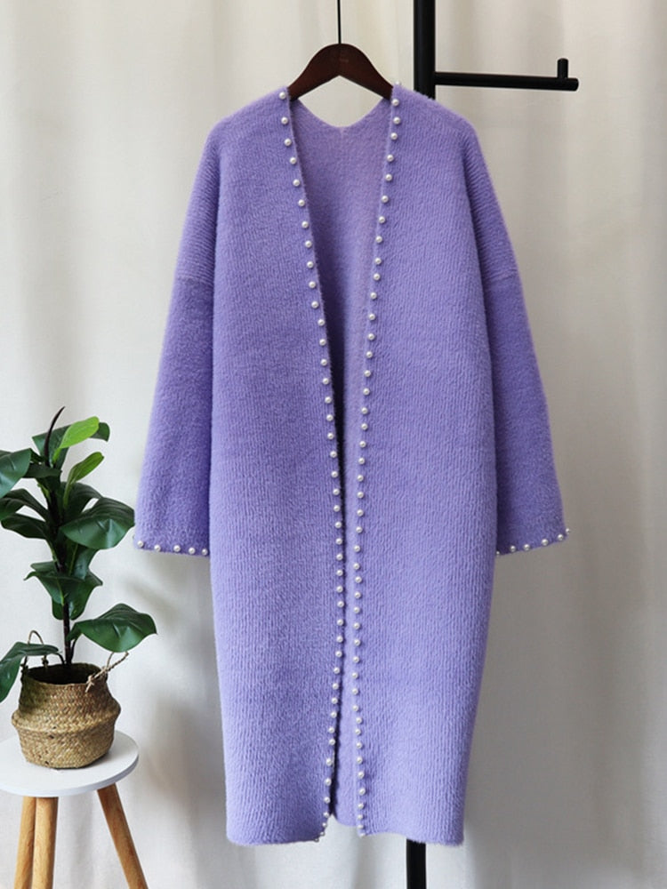 Women Beaded Imitation Mink Knitted Cardigan