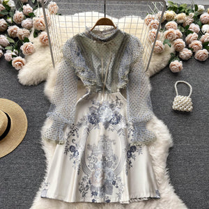 Women Designer Ruffle High Waist Dots Floral A-line Party Dress