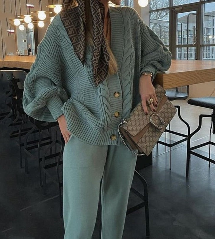 Women V-neck Single Breasted Cardigan Pant Sweater 2 Pcs Set