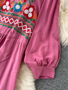 Women Bohemian Embroidered Square Neck Dress