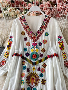Women Bohemian Embroidered V-Neck Dress