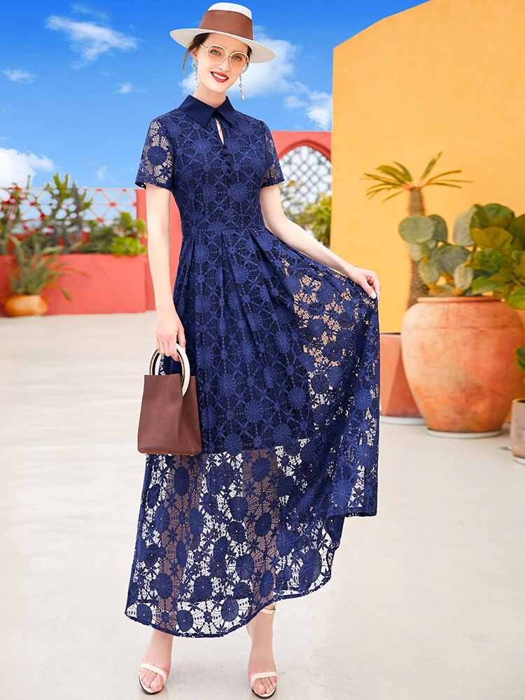 Women Floral Vintage Long Maxi Lace Dress