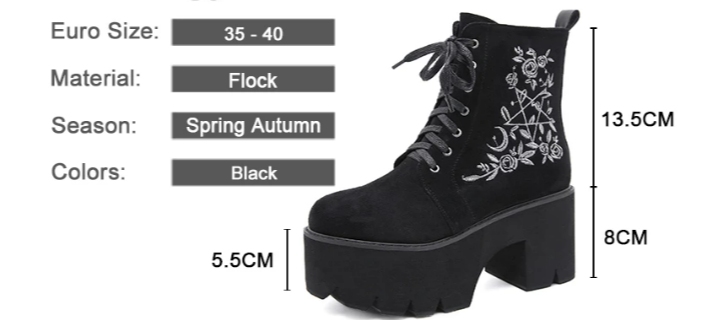 Women Flower Chunky Punk Suede Leather Gothic Back Zipper Platform Boots