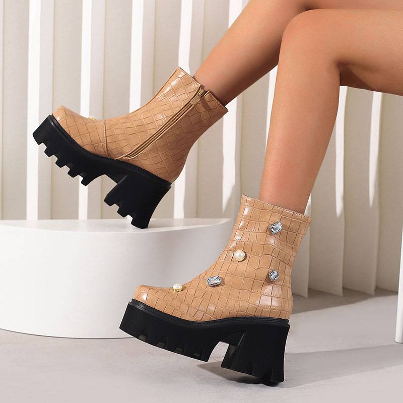 Women Mid-Calf Chunky Platform Rhinestone Boots