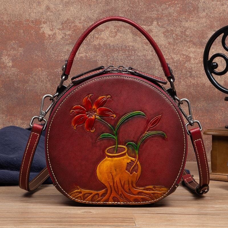 Women Vintage Genuine Leather Embossed Circular Handbags