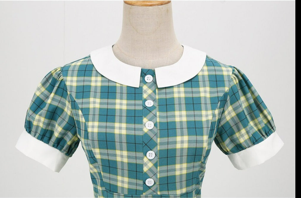 Women Hepburn Short Sleeve Vintage Retro Plaid Dress