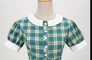 Women Hepburn Short Sleeve Vintage Retro Plaid Dress