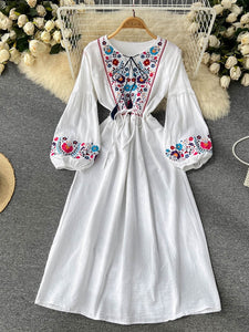 Women Retro Embroidered Slim Lantern Sleeves Dress