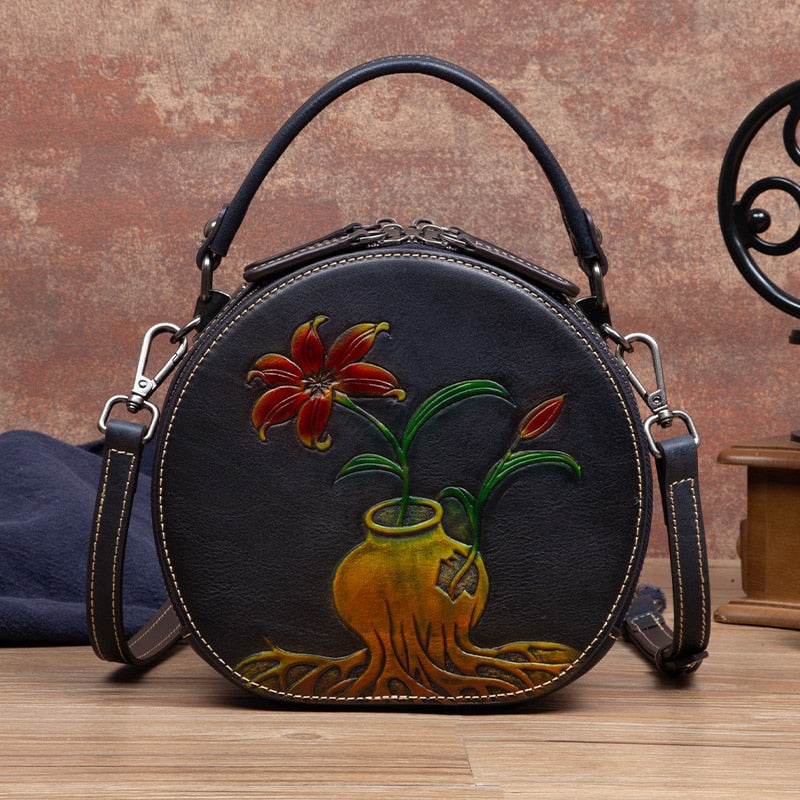 Women Vintage Genuine Leather Embossed Circular Handbags