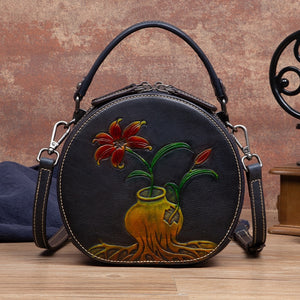 Women Vintage Genuine Leather Embossed Circular Handbags