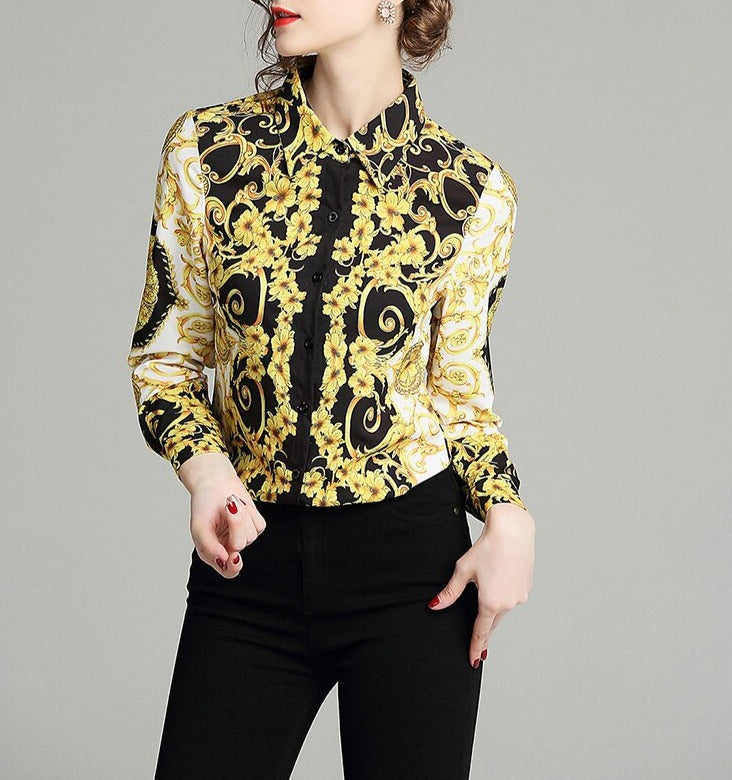 Women Bohemian Retro Turn-down Collar Shirt