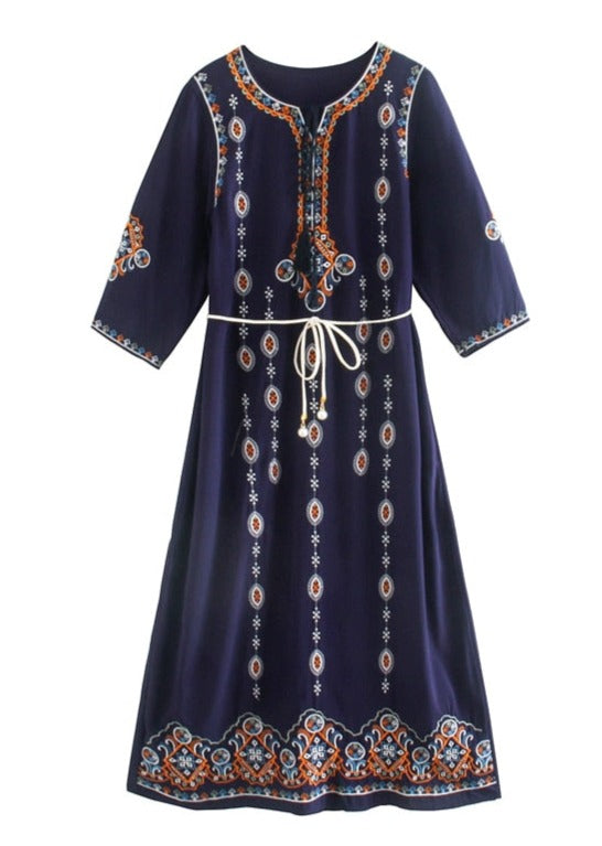 Women Bohemian Floral Embroidery Vintage Dress