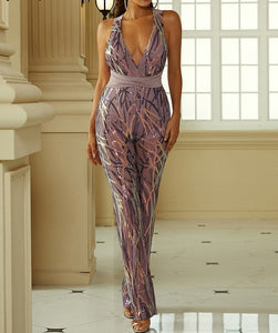 Women Contrast Sequin Criss Cross Tie Backless Jumpsuit