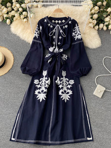 Women Embroidered V-neck Tie Split Retro Dress