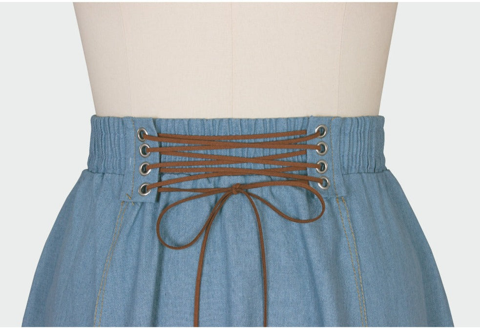 Women Elastic Waist Lace Up A Line Swing Denim Skirt