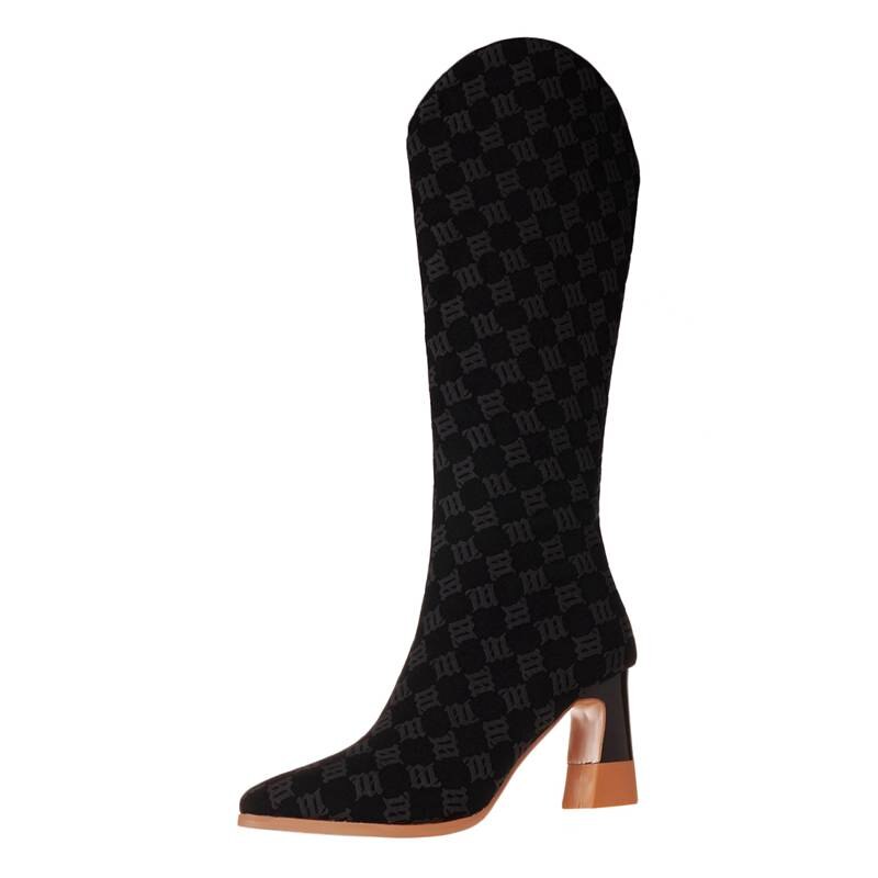 Women Knee-high Boots Pointed Toe Chunky Heels