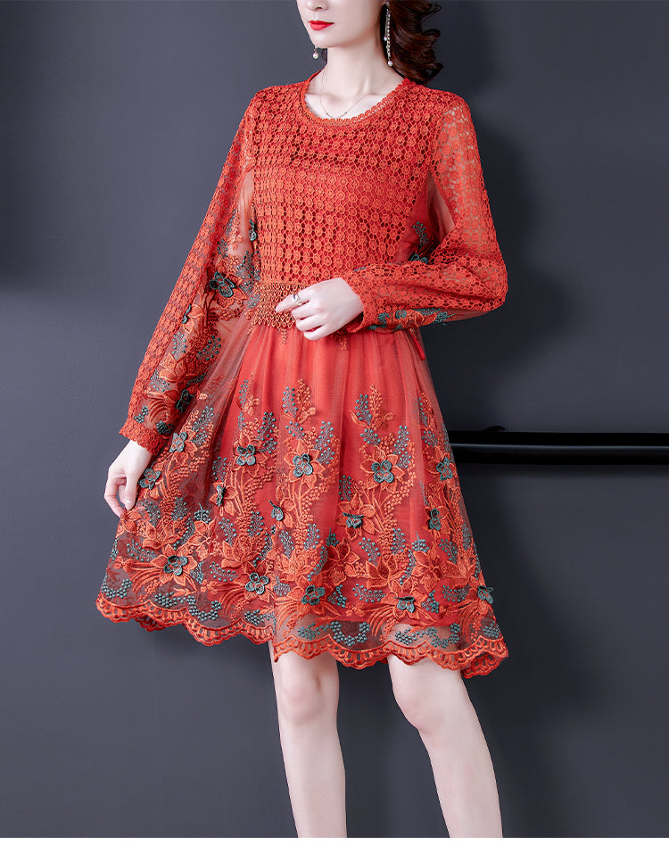 Women Mesh Embroidery Patchwork Vintage Lace Hollow Out Mini Dress