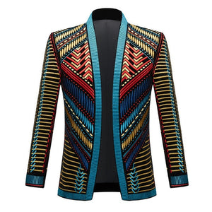 Men Embroidery Cardigan Shawl Lapel Striped Suit Blazer Jacket