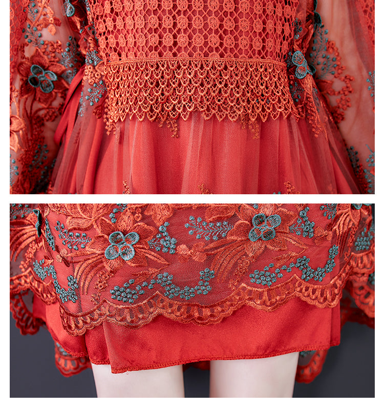 Women Mesh Embroidery Patchwork Vintage Lace Hollow Out Mini Dress