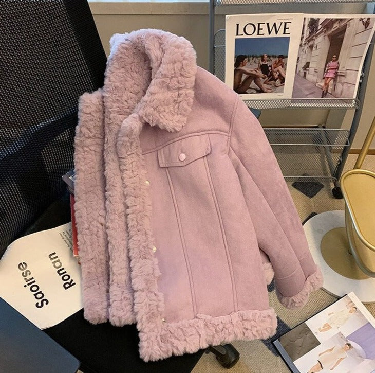Women Vintage Faux Fur Coat Fluffy Plush Lapel Jacket